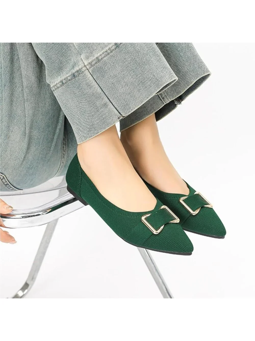 Women's Green Comfortable Knit Ballet Flats Shoes Pointed Toe Dress Shoes